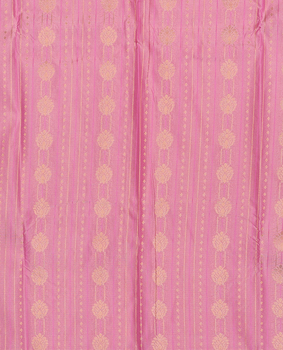 Pink art silk pavadai set, zari design with contrast traditional zari bordered skirt and a contrast zari design blouse