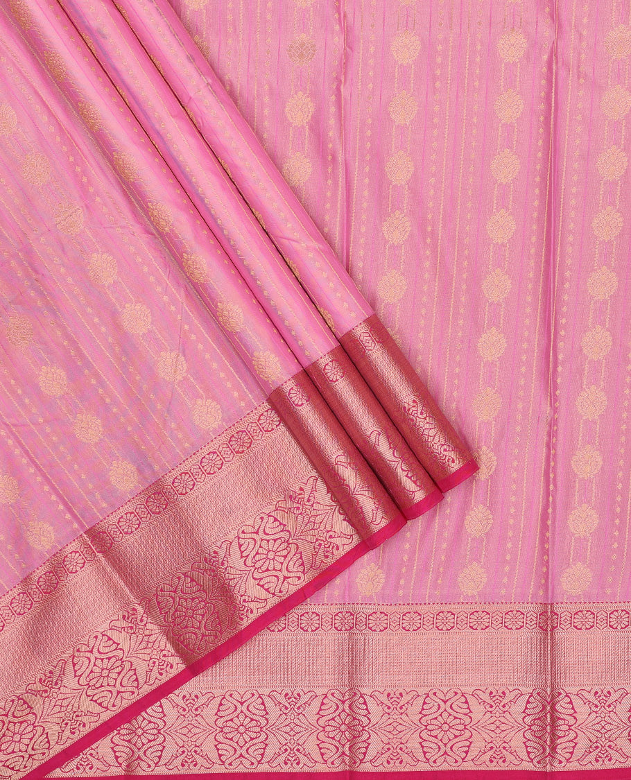 Pink art silk pavadai set, zari design with contrast traditional zari bordered skirt and a contrast zari design blouse