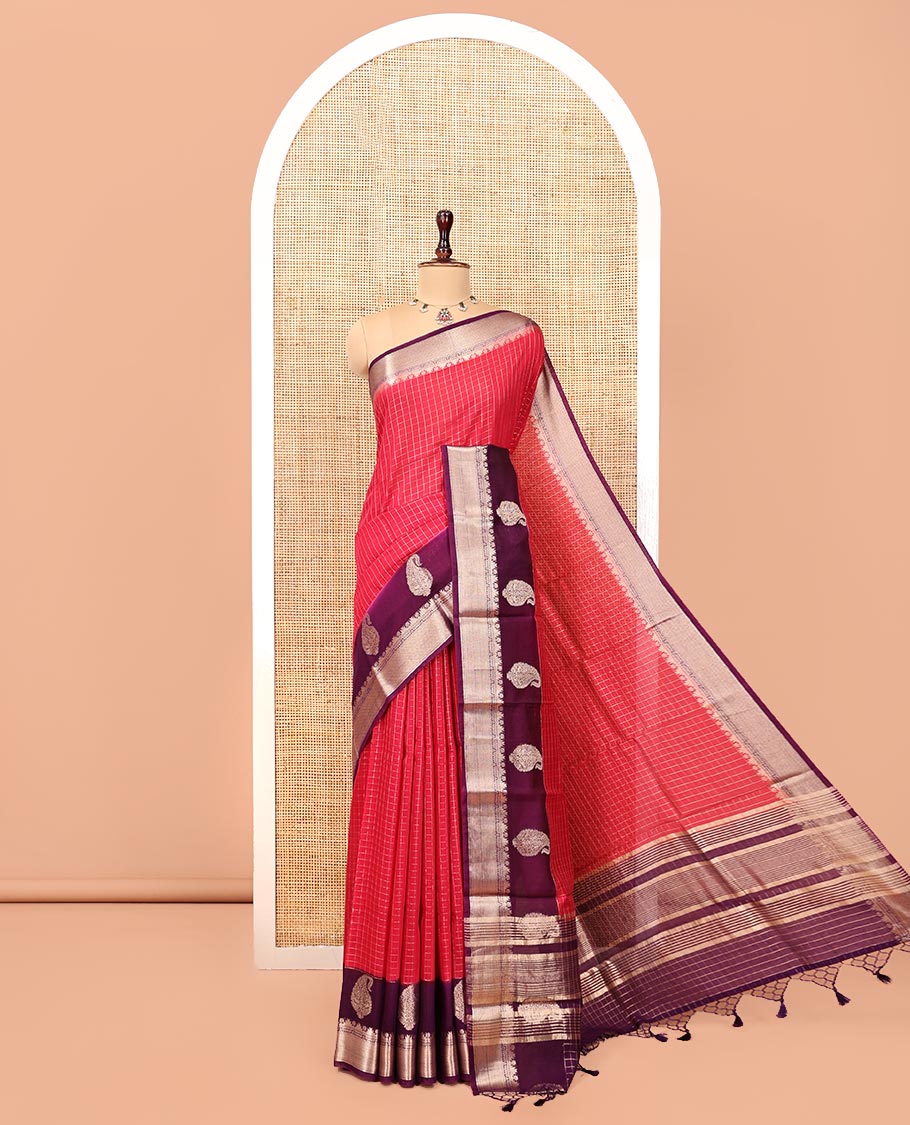 Red Assam Silk Saree, Adorned with Checks, Complemented by a Contrast Traditional Zari Border, Zari-Striped Pallu, and a Contrast Blouse