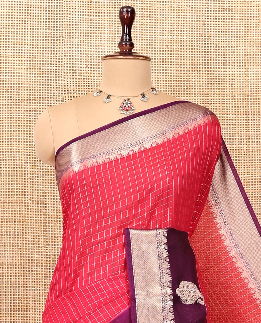 Red Assam Silk Saree, Adorned with Checks, Complemented by a Contrast Traditional Zari Border, Zari-Striped Pallu, and a Contrast Blouse