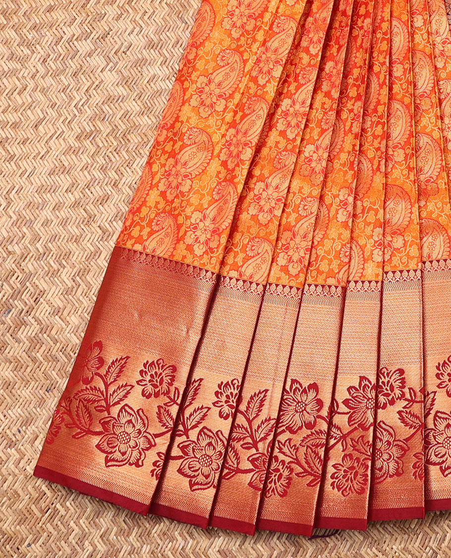Orange Budget Silk Saree, Ornamented with Paisley Jacquard Design, Contrast Traditional Zari Border, Grand Pallu, and a Contrast Blouse
