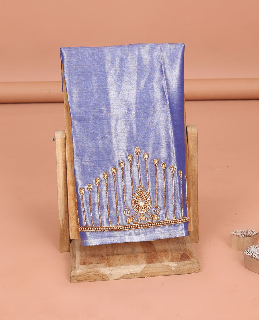 Lavender Aari Blouse Material, Graced with Drop Pattern Sugar Bead Embroidery on Its Sleeves, and Subtle Sugar Bead Work on Its Back and Front Neck