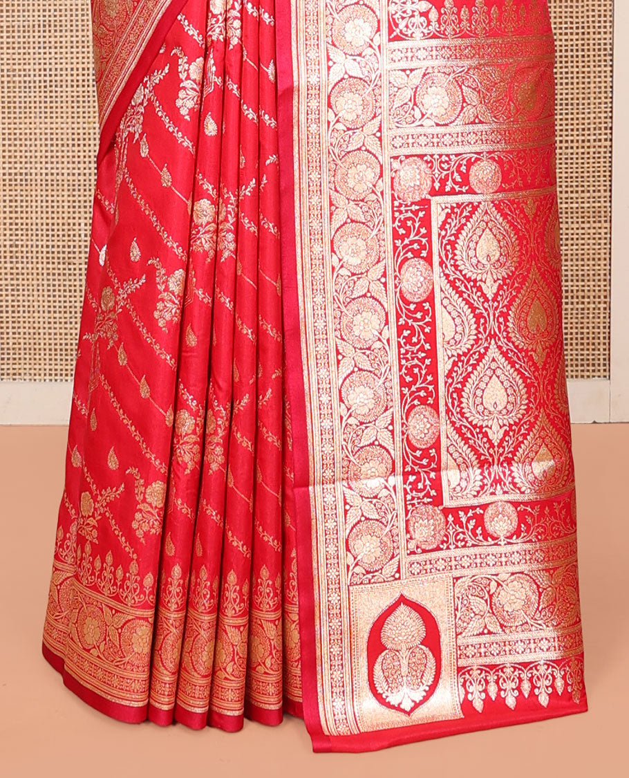 Red Banarasi Nylon Saree, Boldly Accentuated with Jacquard, a Floral Creeper Zari Border, Intricate Pallu, and a Matching Blouse