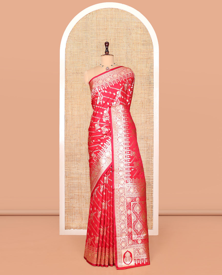 Red Banarasi Nylon Saree, Boldly Accentuated with Jacquard, a Floral Creeper Zari Border, Intricate Pallu, and a Matching Blouse