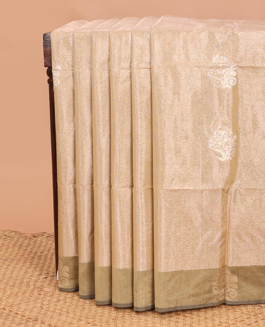 Gleaming sandal zari buttas semi-silk cotton saree, contrast zari woven border, and contrast intricate pallu