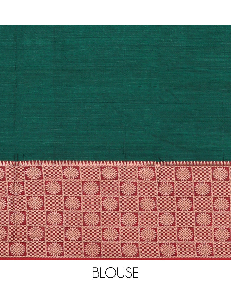 Green plain Narayanapet cotton saree, contrast temple border of buttas enclosed checks, and striped pallu