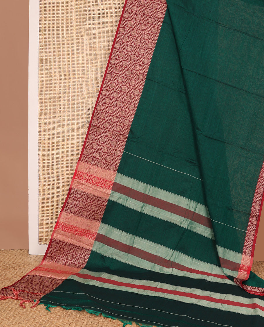 Green plain Narayanapet cotton saree, contrast temple border of buttas enclosed checks, and striped pallu