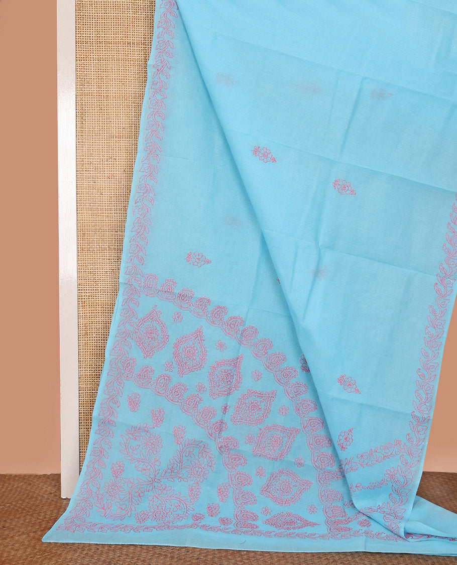 Blue Lucknowi Chikankari Cotton Saree, Mesmerized with Floral Motifs Embroidery on Its Body, Highlighted by Leaf Vine Embroidery Border, Pallu of Intricate Embroidery, and Comes Without a Blouse