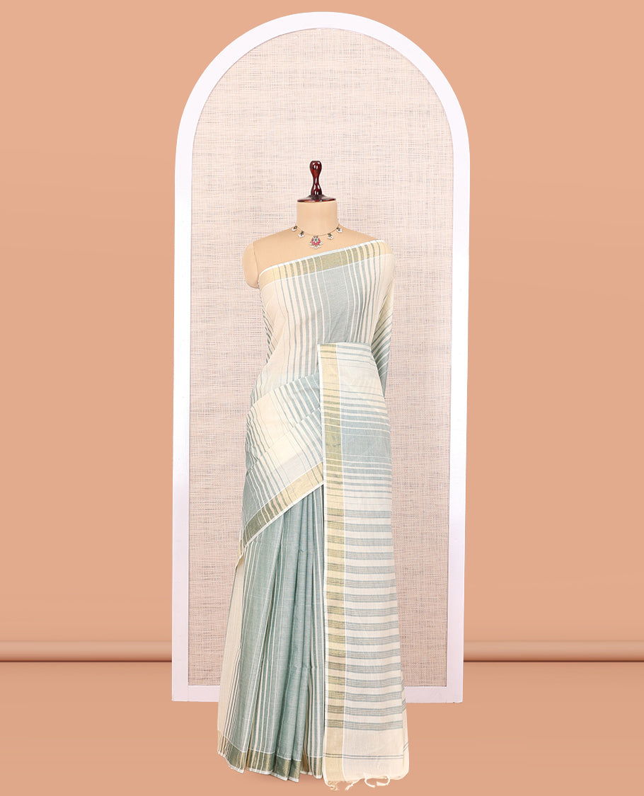 Cream-Green Jute Cotton Saree