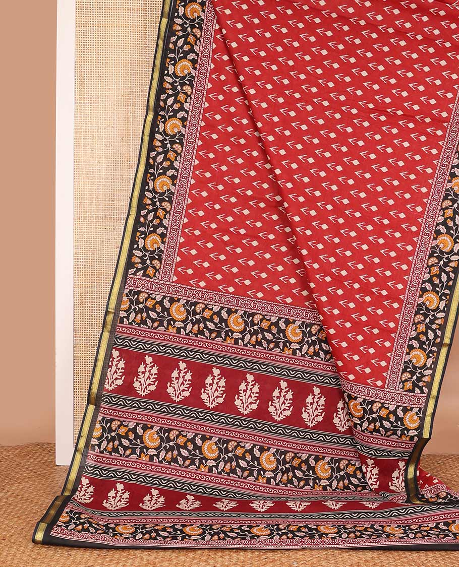 Red floral motifs printed mul mul cotton saree, contrast floral vine printed border, and pallu of floral print