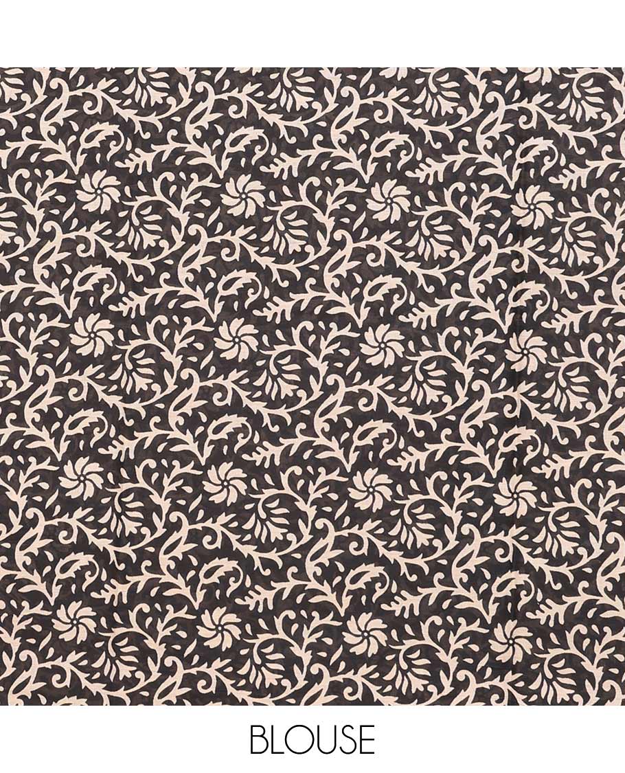 Red floral motifs printed mul mul cotton saree, contrast floral vine printed border, and pallu of floral print