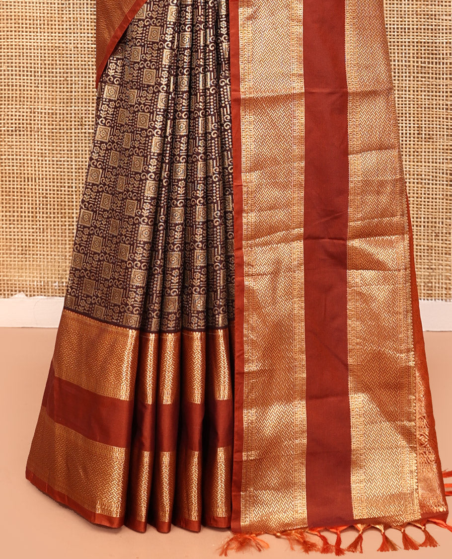 Coffee Brown-Rust Orange Budget Silk Saree Features Jacquard, Contrast Rettai Pettu Border, Grand Pallu, and a Contrast Blouse