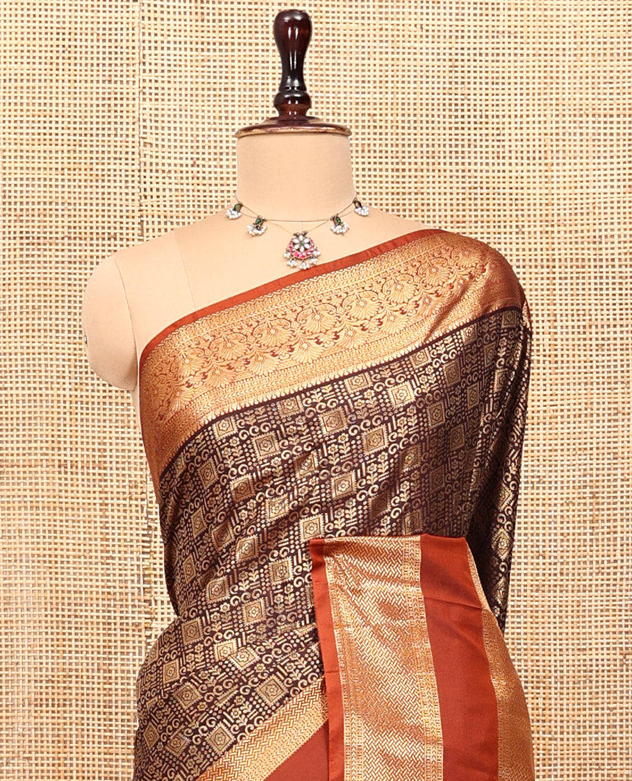 Coffee Brown-Rust Orange Budget Silk Saree Features Jacquard, Contrast Rettai Pettu Border, Grand Pallu, and a Contrast Blouse