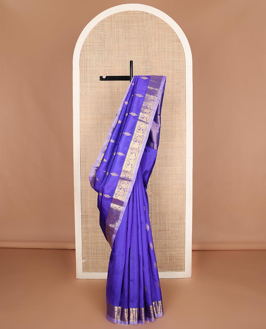 Blue zari buttas Kanchipuram silk saree, contrast border of thazampoo rekku,banaras,kamalam,mayil, and manga, and jaal pallu