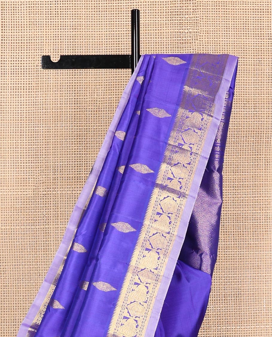 Blue zari buttas Kanchipuram silk saree, contrast border of thazampoo rekku,banaras,kamalam,mayil, and manga, and jaal pallu