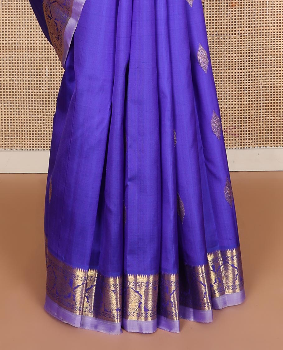Blue zari buttas Kanchipuram silk saree, contrast border of thazampoo rekku,banaras,kamalam,mayil, and manga, and jaal pallu