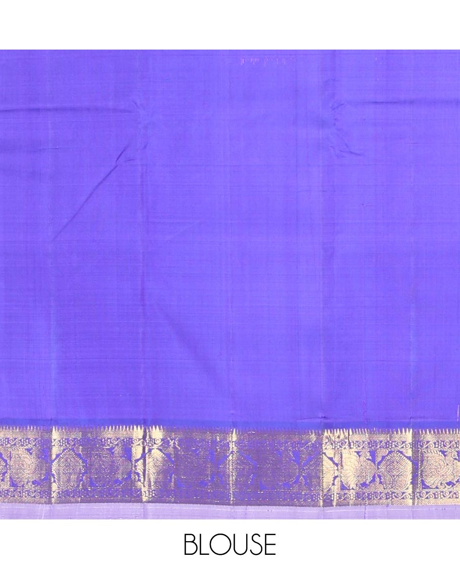 Blue zari buttas Kanchipuram silk saree, contrast border of thazampoo rekku,banaras,kamalam,mayil, and manga, and jaal pallu