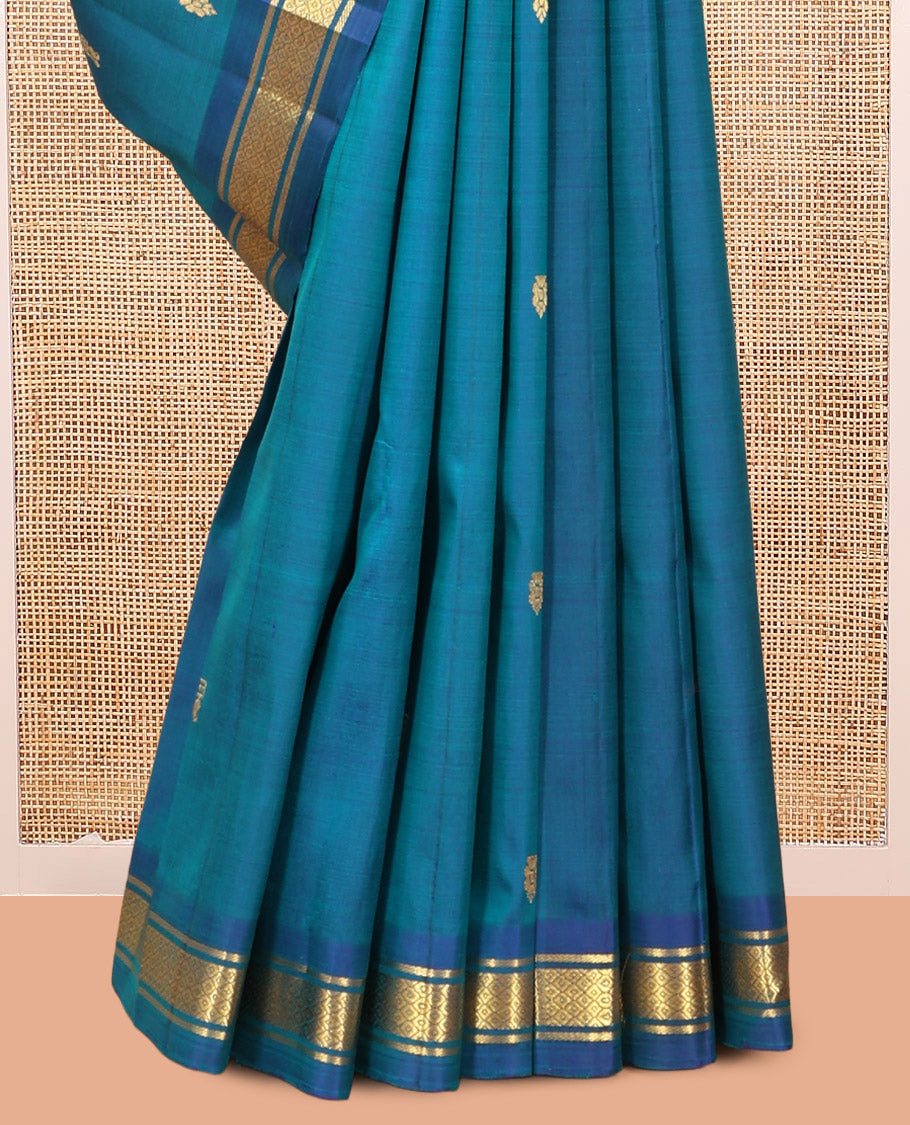 Blue Kanchipuram Silk Saree, Woven with Zari Buttas, Complemented by a Contrast Border of Banaras, and Mayil Kann Design, Zari Design Pallu, and No Blouse