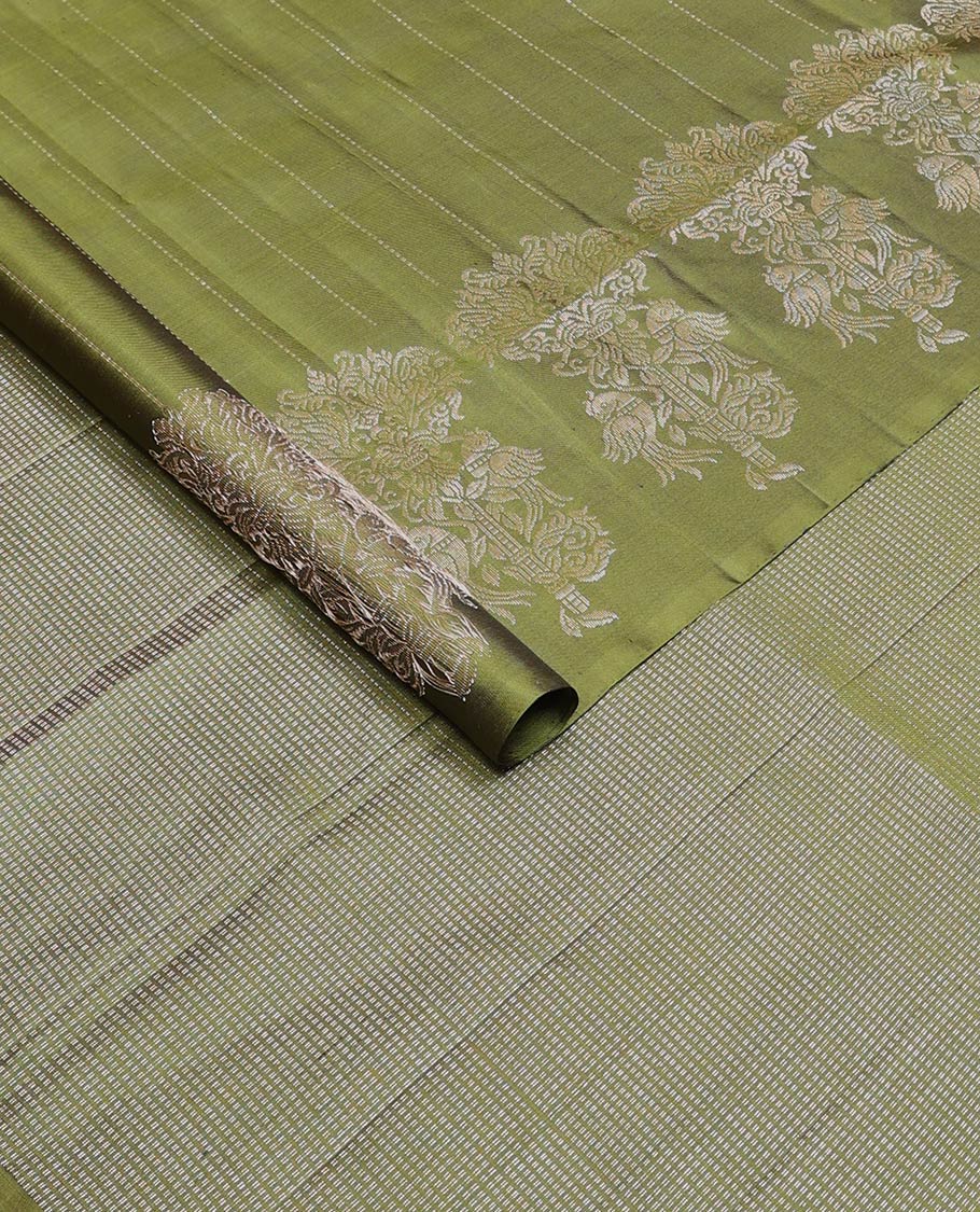 Borderless olive green muthu stripes, and parrot on the tree zari woven soft silk saree, zari pallu of muthu stripes