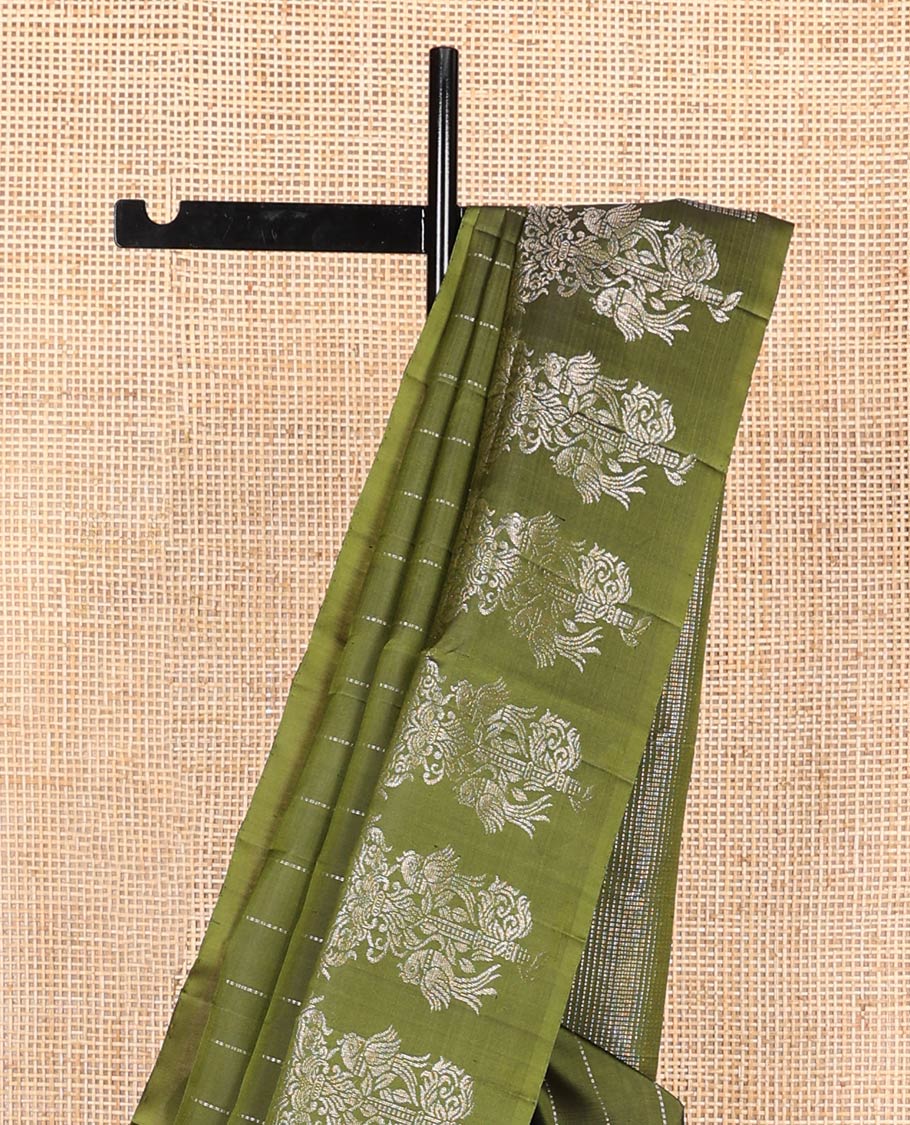 Borderless olive green muthu stripes, and parrot on the tree zari woven soft silk saree, zari pallu of muthu stripes