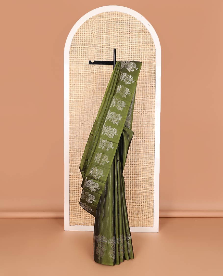 Borderless olive green muthu stripes, and parrot on the tree zari woven soft silk saree, zari pallu of muthu stripes