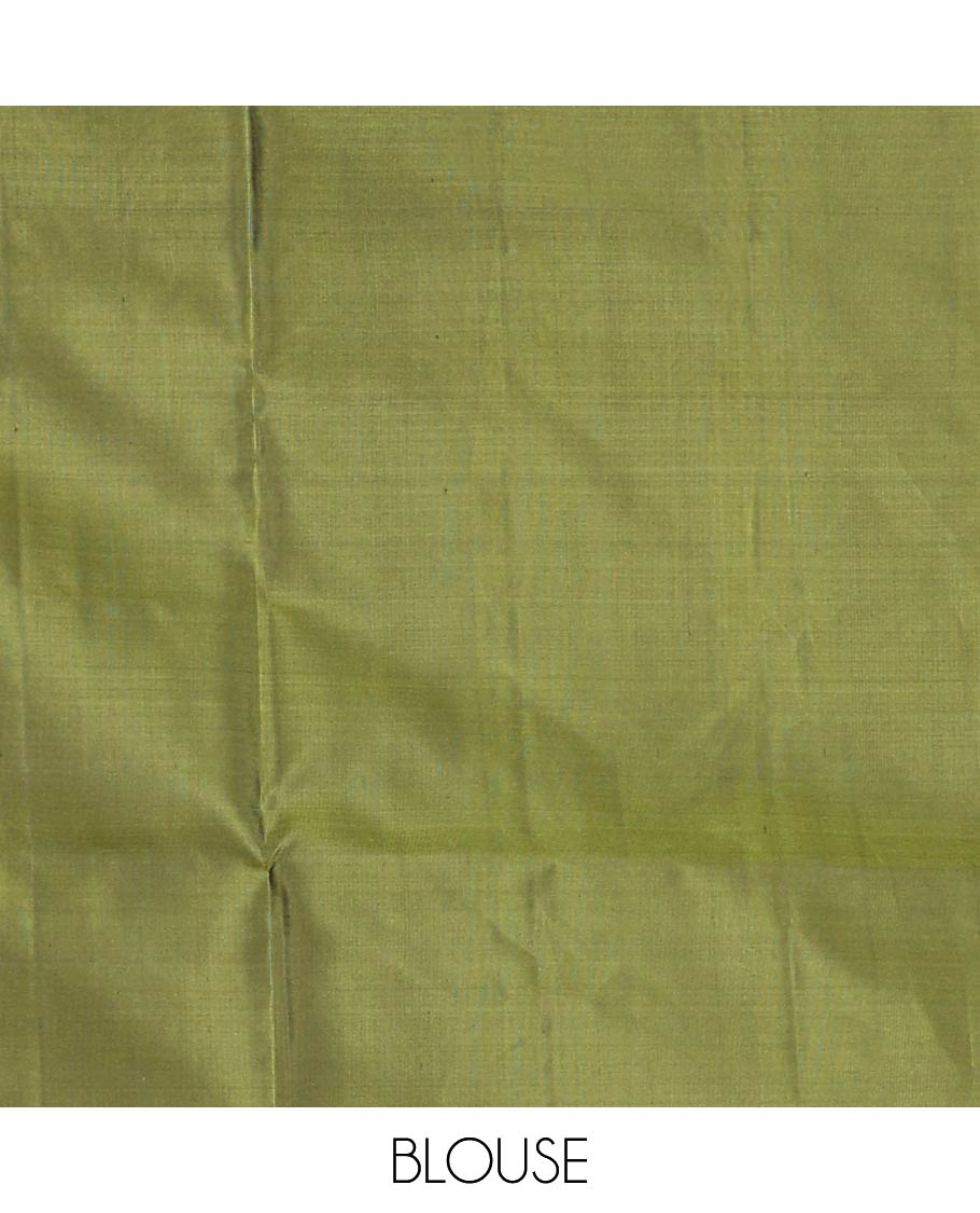 Borderless olive green muthu stripes, and parrot on the tree zari woven soft silk saree, zari pallu of muthu stripes