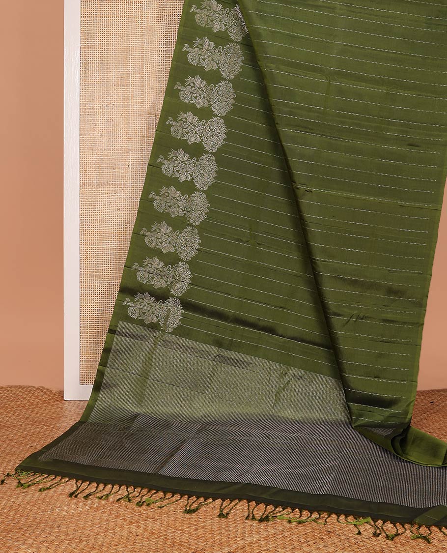 Borderless olive green muthu stripes, and parrot on the tree zari woven soft silk saree, zari pallu of muthu stripes