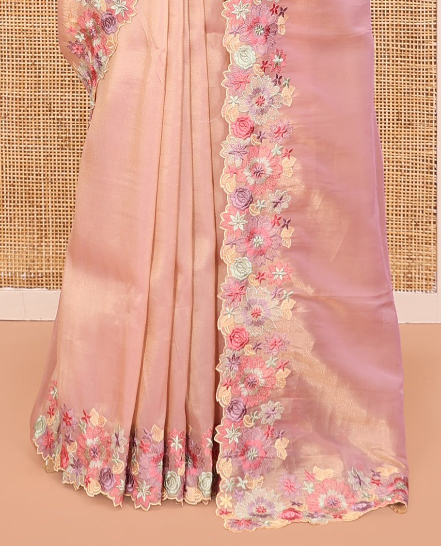 Pink Plain Organza Saree, a Scallop Tropical Floral Embroidery Border, and a Matching Blouse