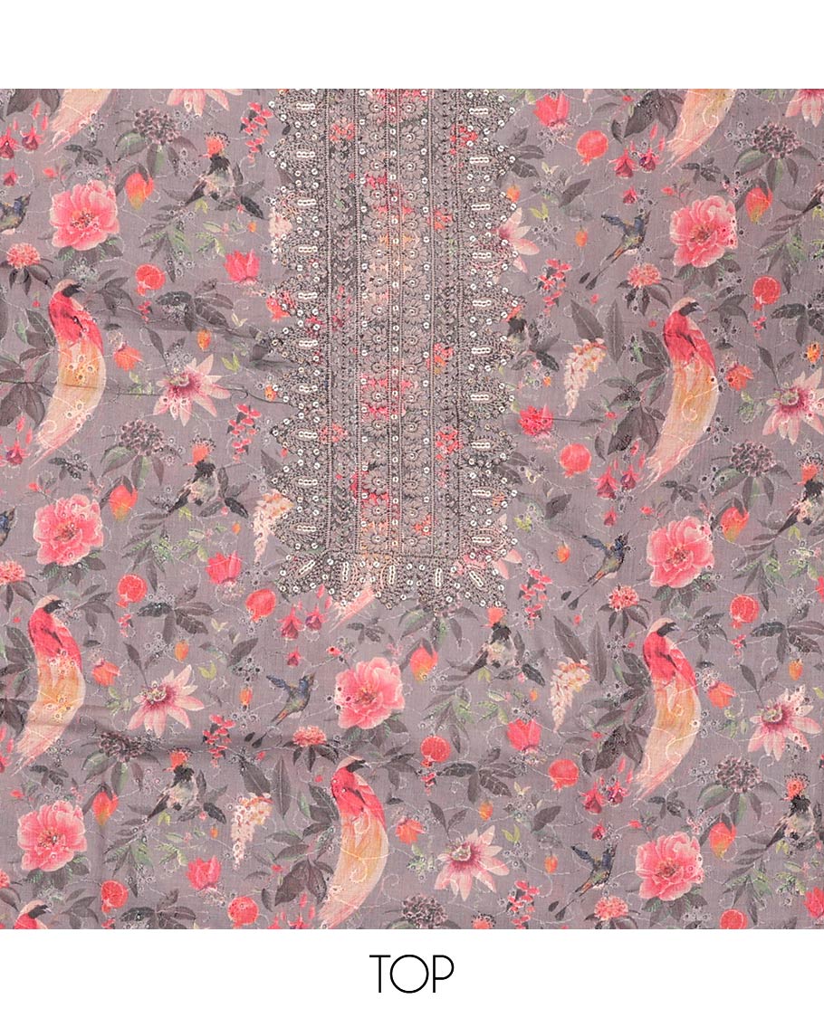 Grey material churidar set, floral-bird print, cut work and neck embroidered cotton top, plain cotton bottom, and sequins striped chanderi dupatta