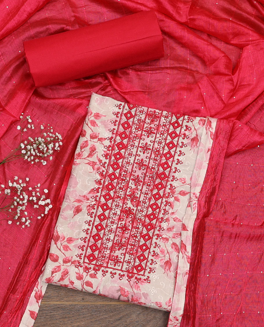 White and red material chudidar set, floral print, cut work and embroidered top, contrast plain bottom, and sequins striped dupatta