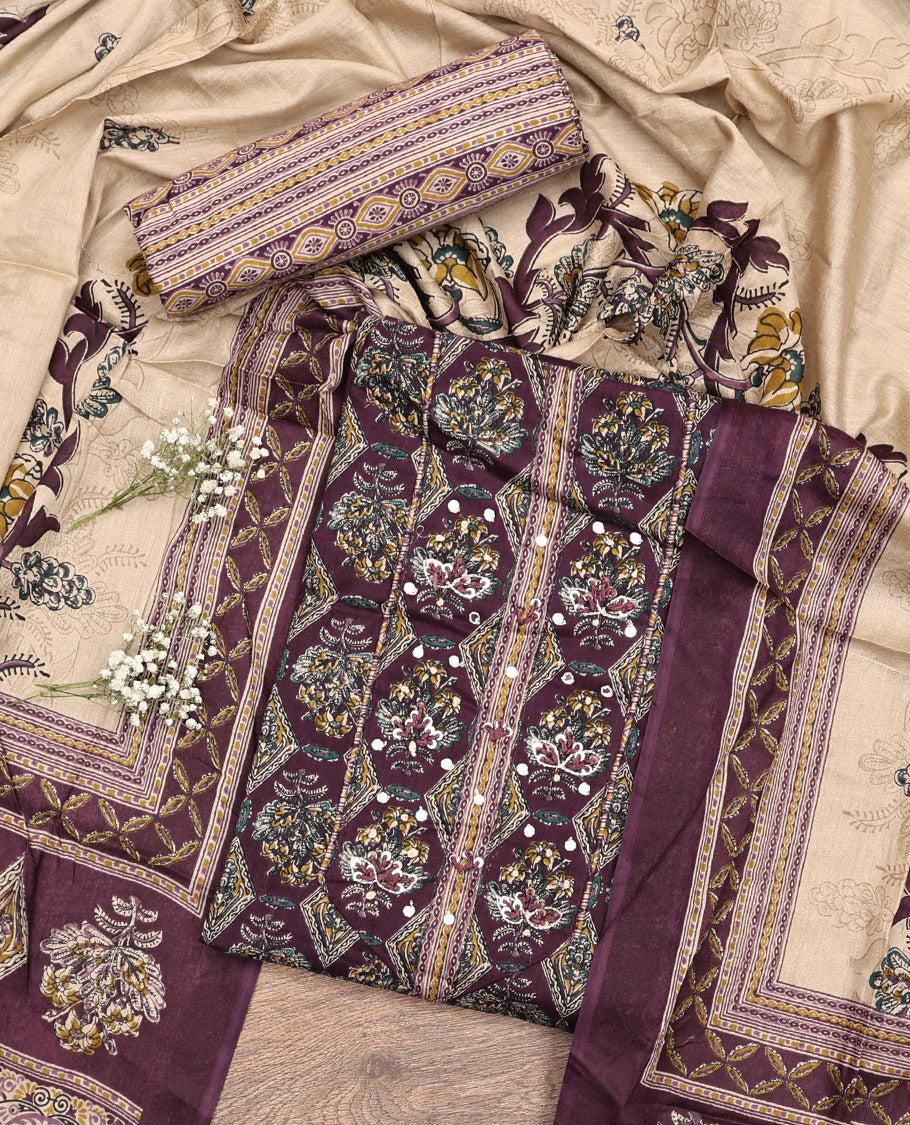 Purple Cotton Material Chudidar Set, Elevated with Intricate Motifs Print, and Embroidery on Its Cotton Top, a Geometric Printed Cotton Bottom, and Paired with Printed Cotton Dupatta