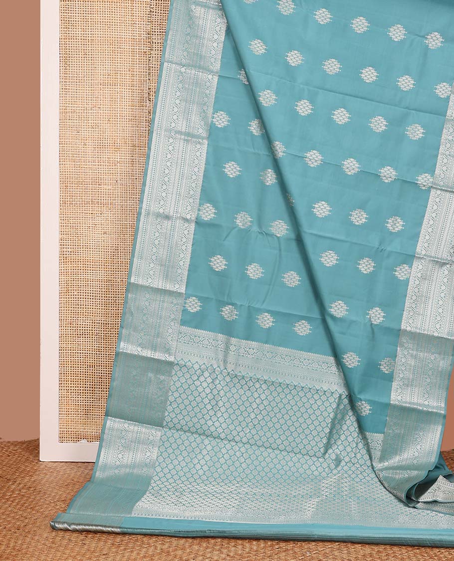 Blue zari motifs Vasundhara silk mix saree, zari border of thilakam mokku, paisa, kodi visiry, neli, paiyaadi kann, and diamond and zari design pallu