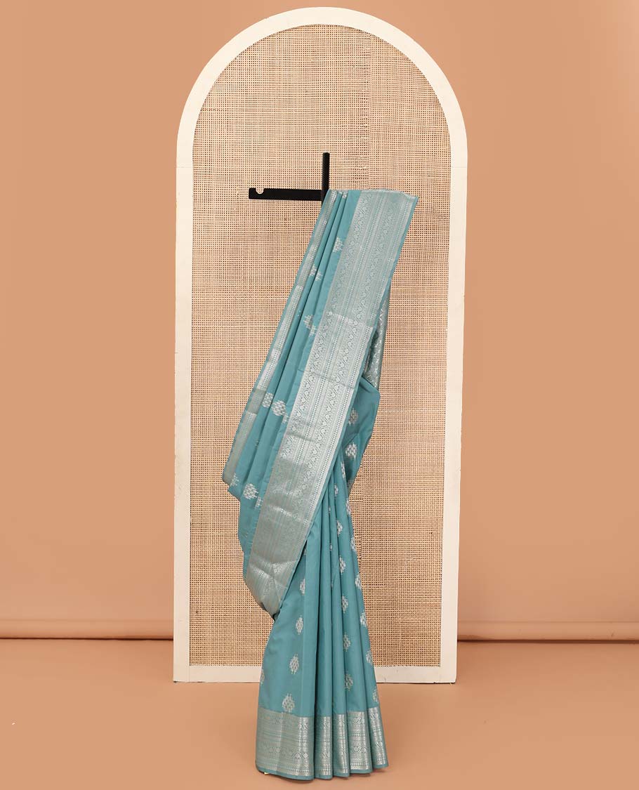 Blue zari motifs Vasundhara silk mix saree, zari border of thilakam mokku, paisa, kodi visiry, neli, paiyaadi kann, and diamond and zari design pallu