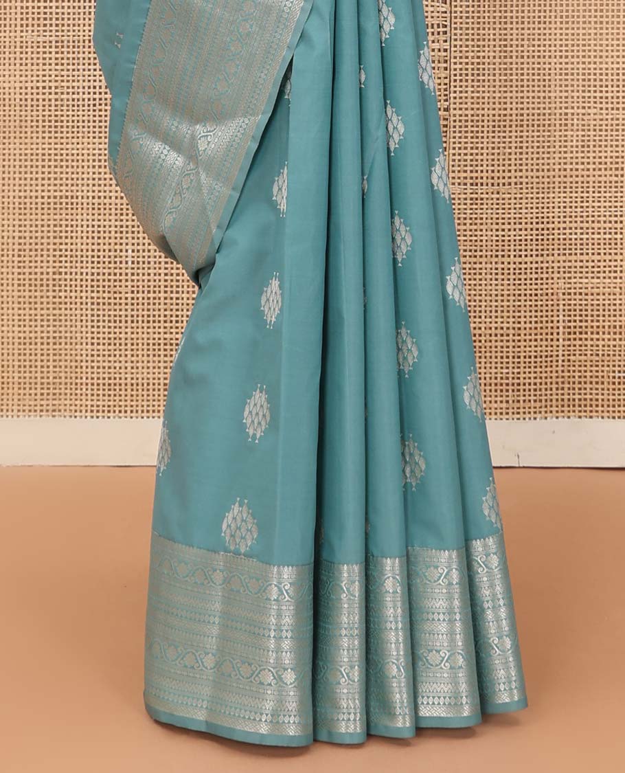 Blue zari motifs Vasundhara silk mix saree, zari border of thilakam mokku, paisa, kodi visiry, neli, paiyaadi kann, and diamond and zari design pallu