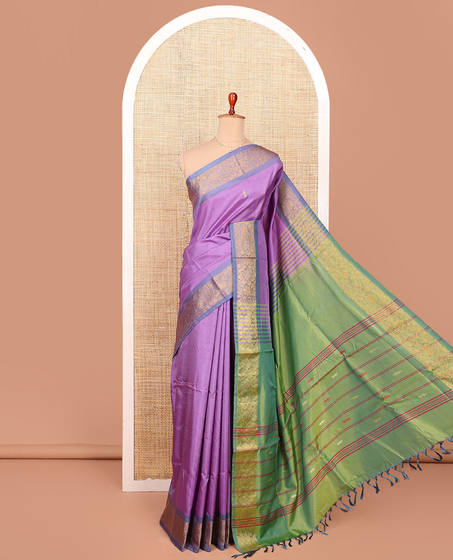 Purple Banana Pith Saree Bedecked with Resham Buttas, Complemented by a Contrast Floral Zari Design Border, Pallu Steeped with Stripes and Buttas, and Paired with a Contrast Blouse