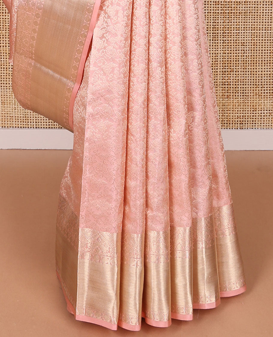 Baby pink jacquard kancheepuram silk saree with self border of paun, banaras design & floral design pallu