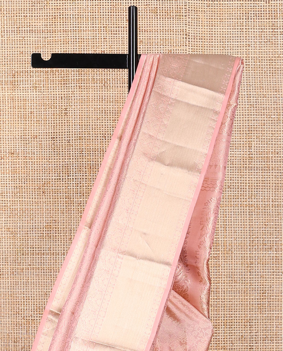 Baby pink jacquard kancheepuram silk saree with self border of paun, banaras design & floral design pallu