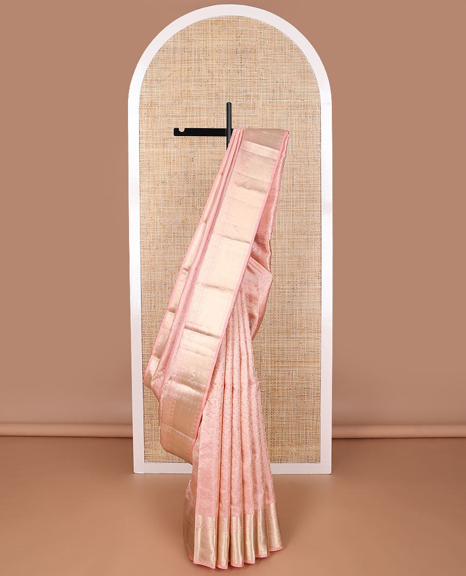 Baby pink jacquard kancheepuram silk saree with self border of paun, banaras design & floral design pallu