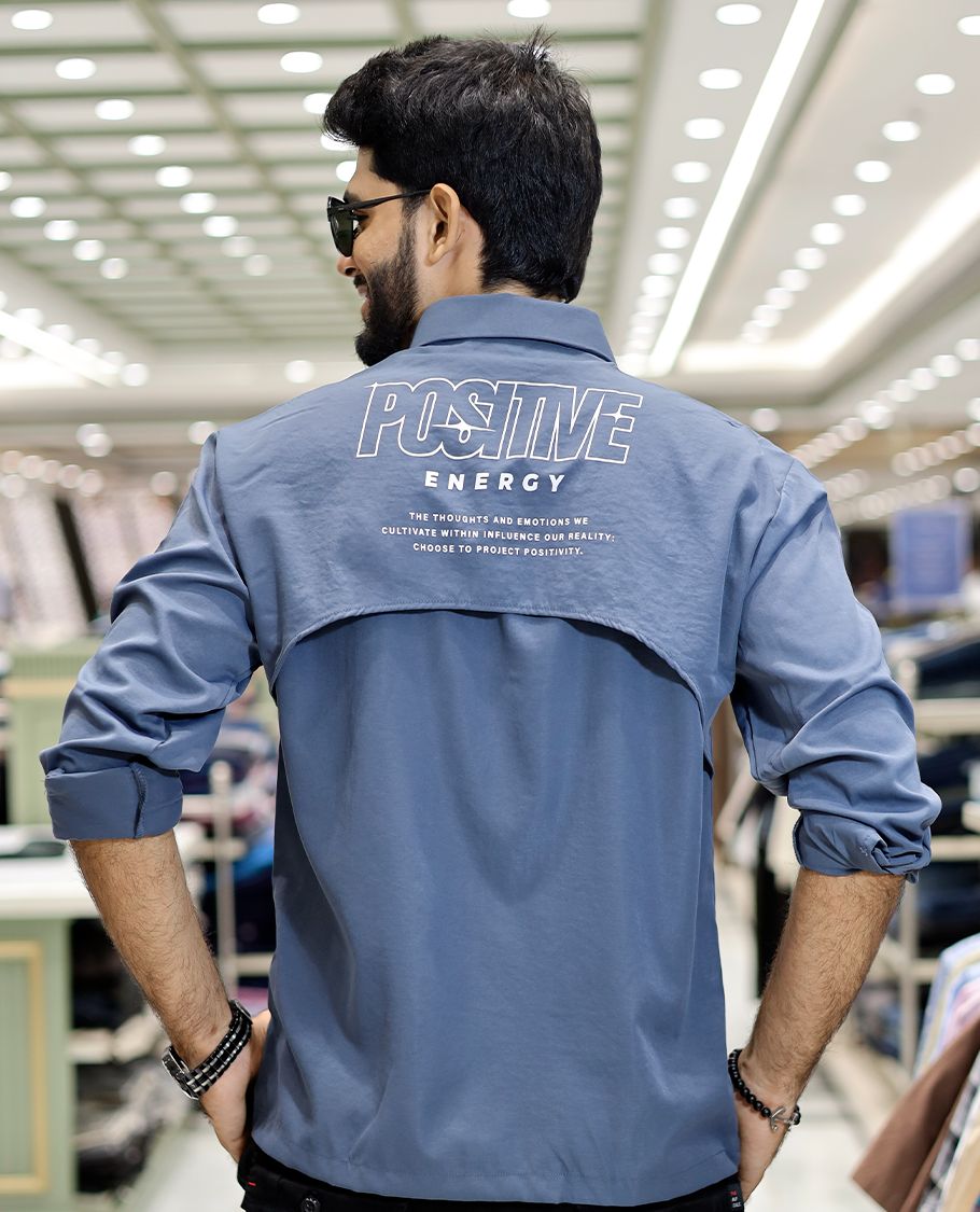Blue Poly-Blended Back Flap Casual Shirt