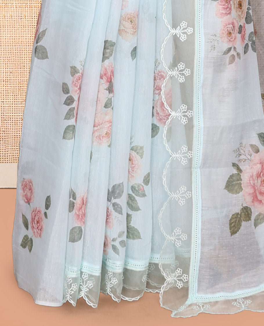 Sky Blue Floral Motifs Chanderi Cotton Saree