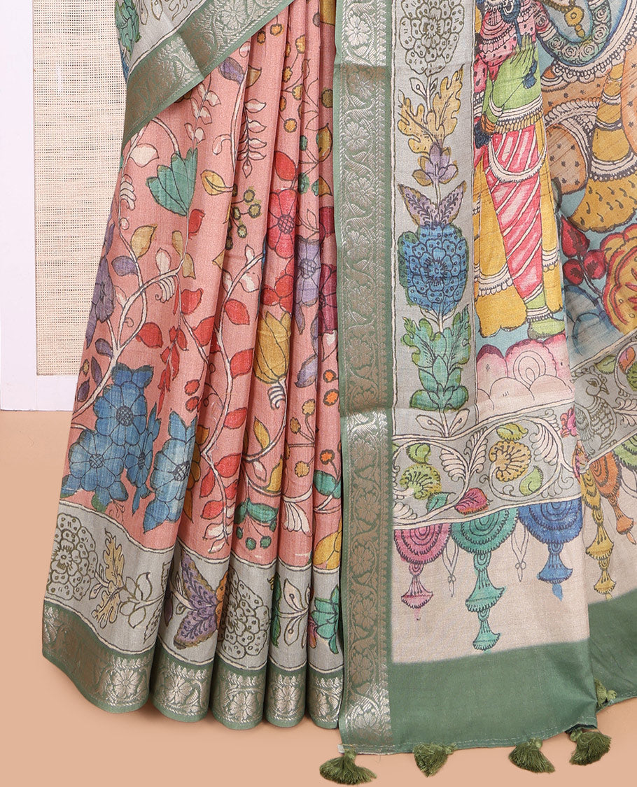 Pink Kalamkari Printed Fancy Tussar Saree
