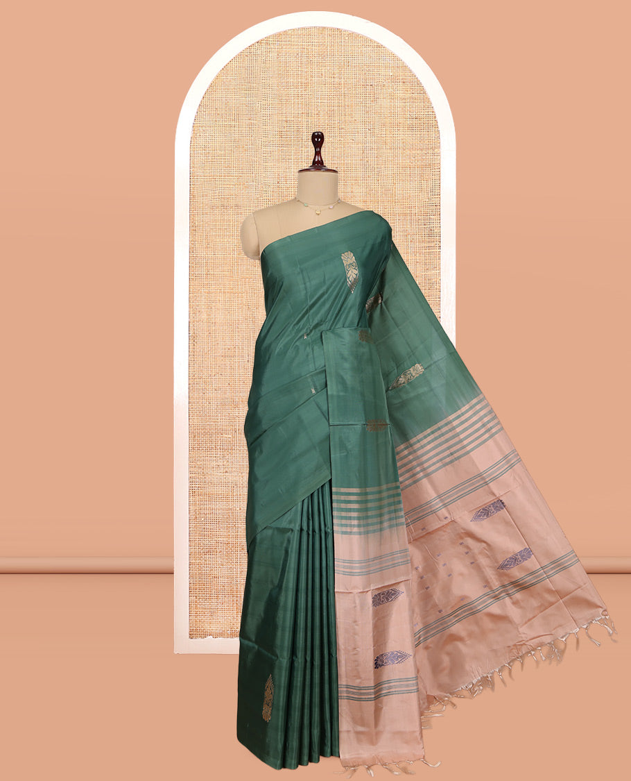 Borderless Green Banana Pith Saree, Woven with Buttas, a Contrast Pallu of Stripes and Buttas, and a Contrast Blouse