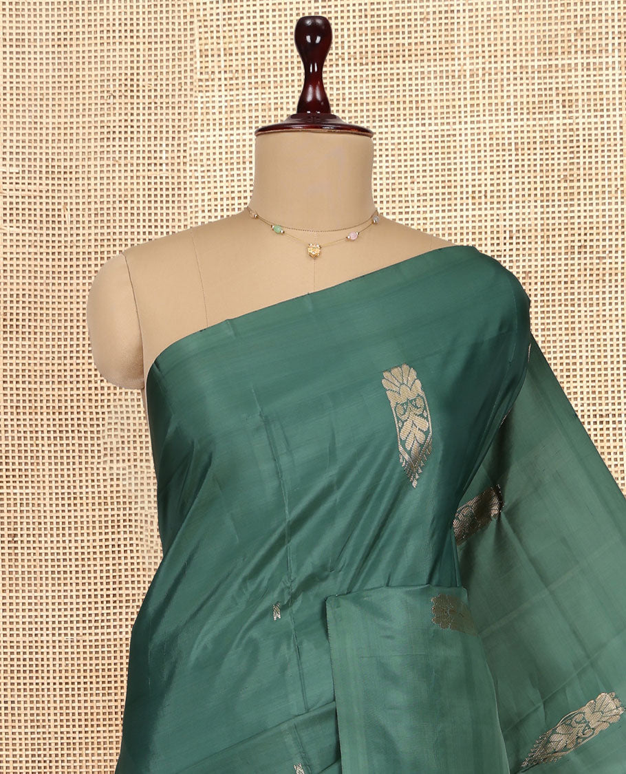 Borderless Green Banana Pith Saree, Woven with Buttas, a Contrast Pallu of Stripes and Buttas, and a Contrast Blouse