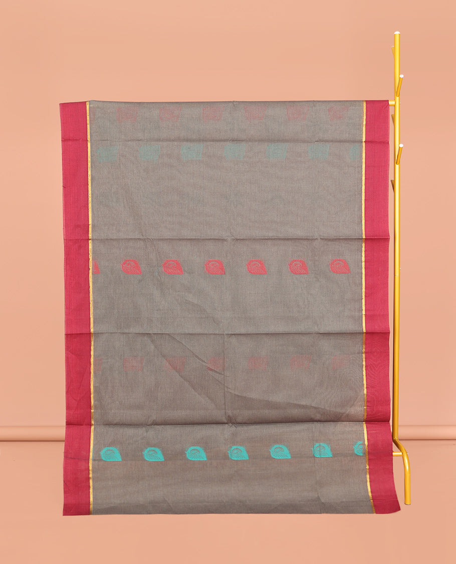 Grey Coimbatore Cotton Saree, Adorned with Thread Buttas, a Contrast Plain Border, a Pallu of Stripes and Buttas, and a Matching Blouse