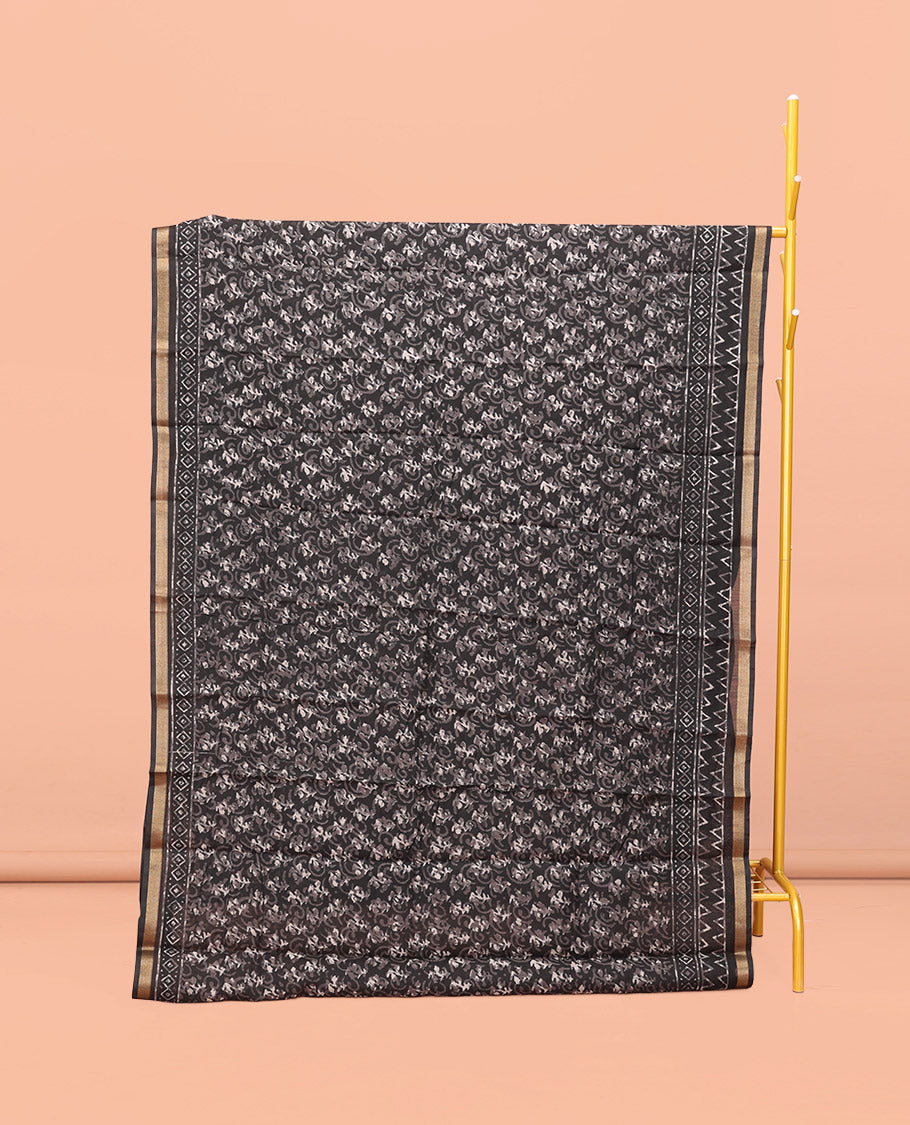 Black Kanchi Cotton Saree, Decked Up with Floral Print All Over Its Body, a Subtle Self-Border, Pallu of Block Printed Geometric Designs, and Paired with a Contrast Blouse