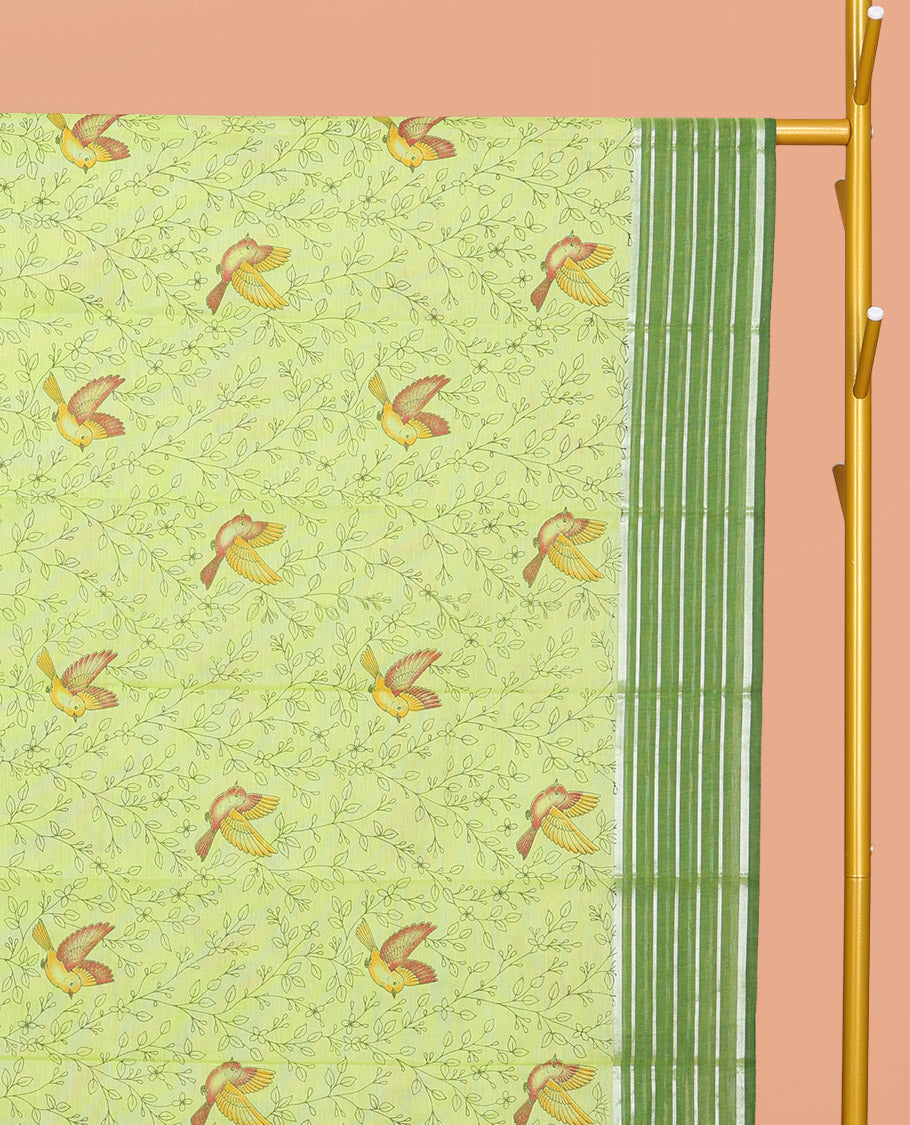 Green Chirala Cotton Saree, Accentuated with Floral-Bird Print, a Contrast Border, Printed Pallu, and a Matching Blouse