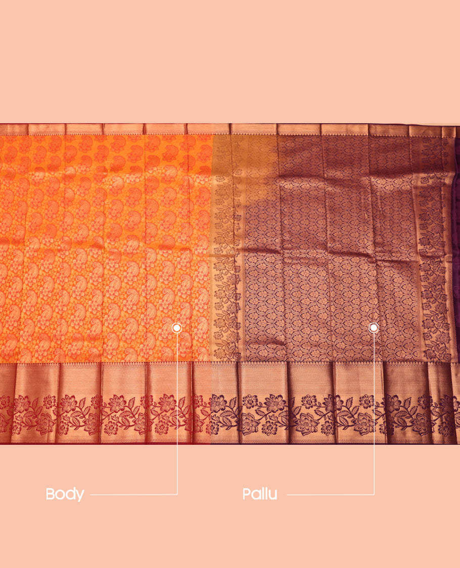 Orange Budget Silk Saree, Ornamented with Paisley Jacquard Design, Contrast Traditional Zari Border, Grand Pallu, and a Contrast Blouse