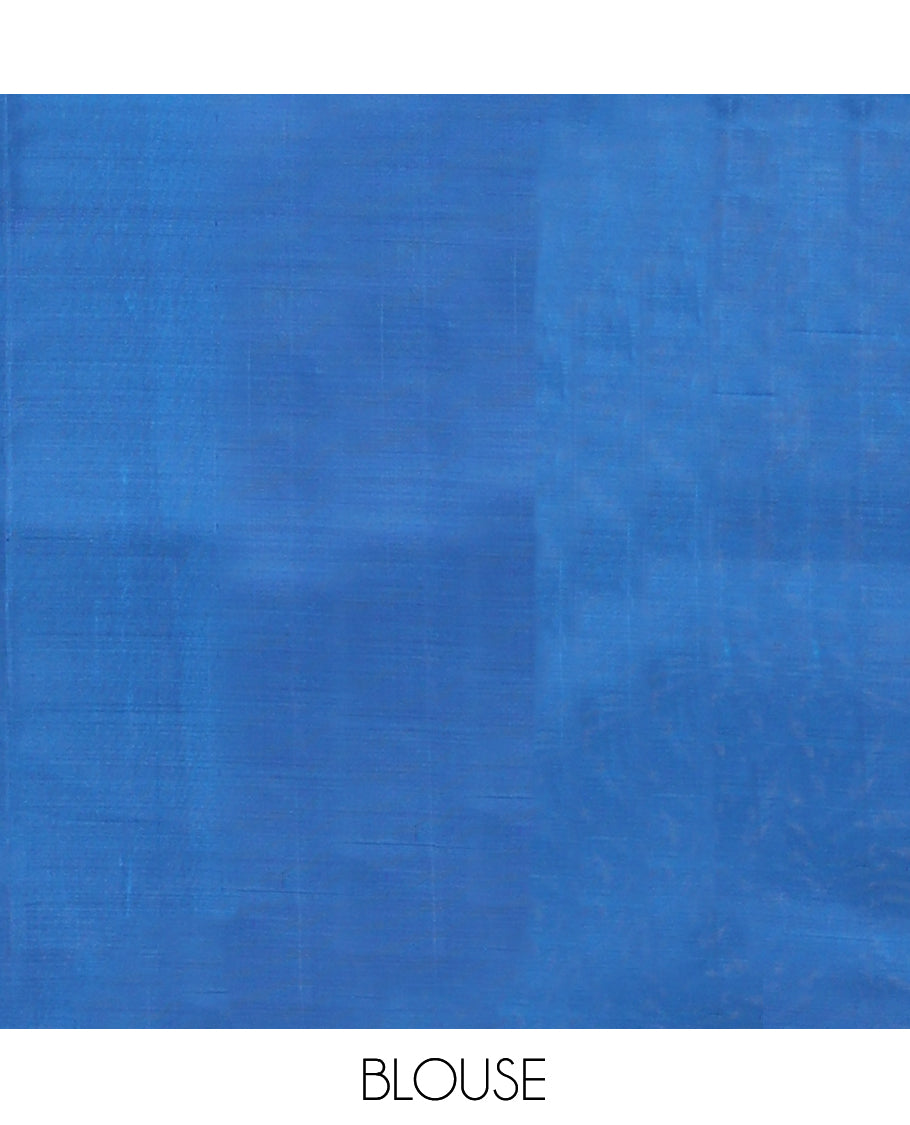 Blue Mayuri Lite Silk Mix Saree, Woven with Thazampoo Rekku Buttas, Complemented by a Contrast Thazampoo Rekku Border, a Grand Pallu, and a Contrast Blouse