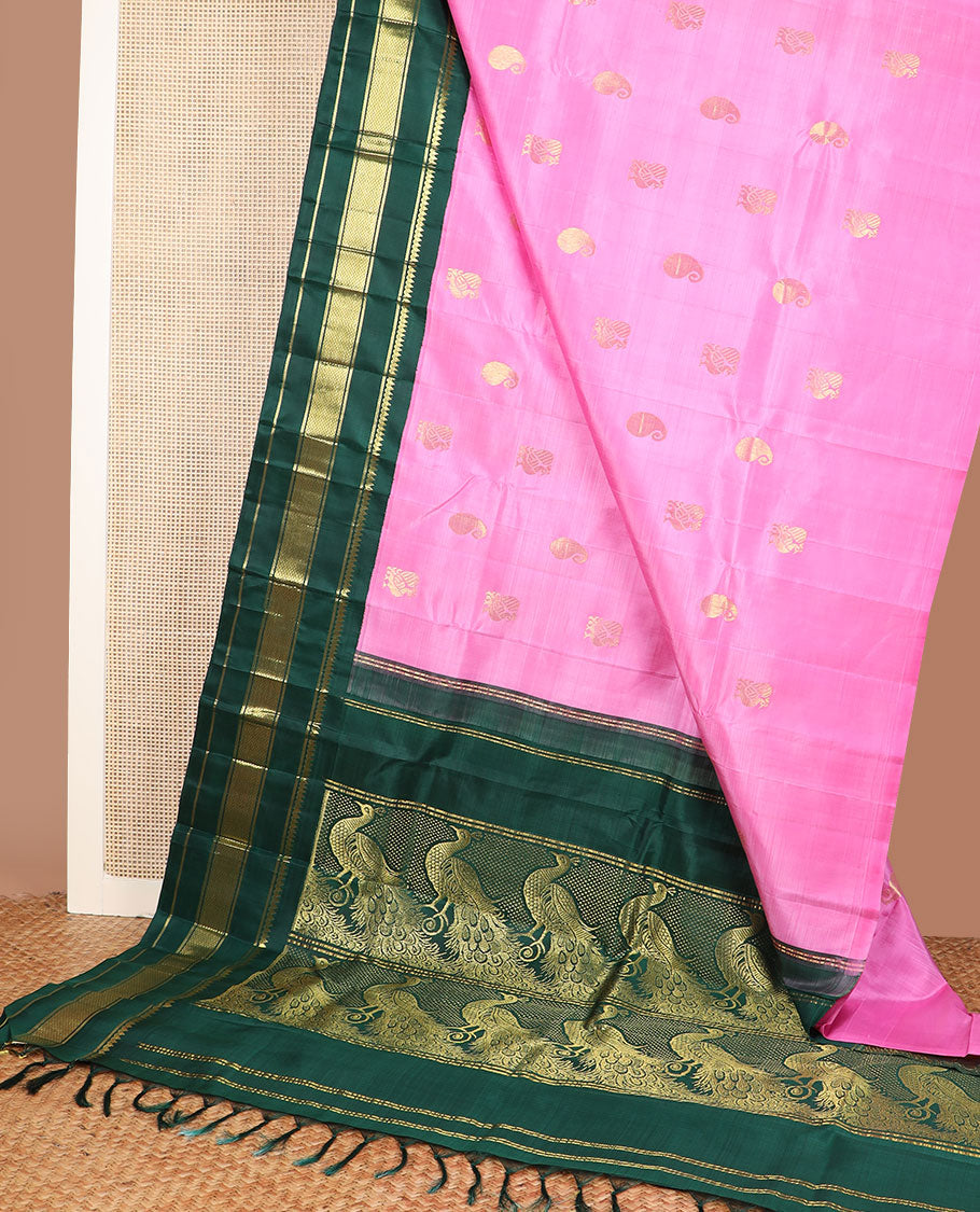 Pink zari buttas kanchipuram silksaree, contrast one-sided korvai border of thilakam mokku,banaras & kuyil kann & mayil design pallu