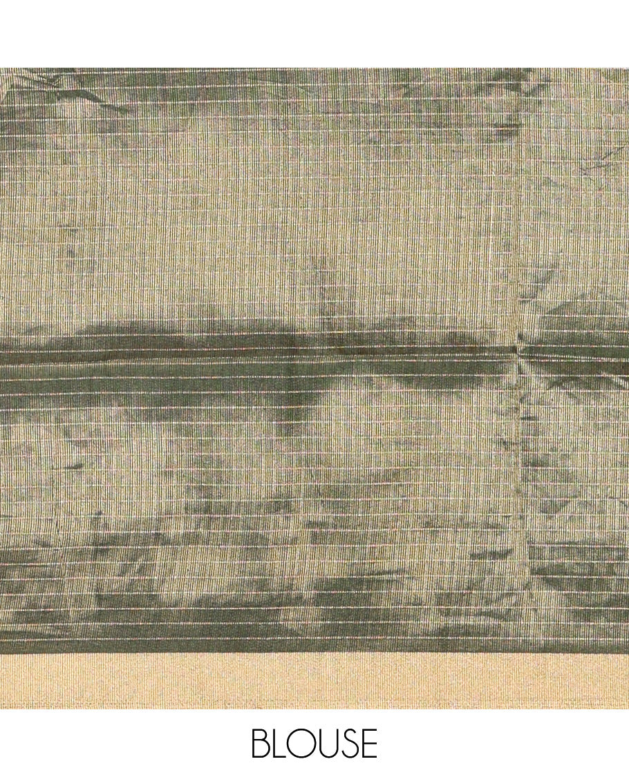 Green zari checked design fancy tussar silk saree, bavanji border, zari design pallu, and a matching blouse